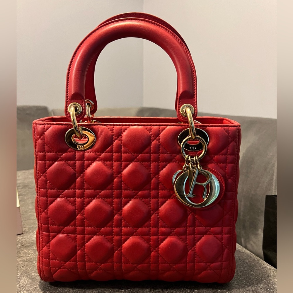 MEDIUM RED LADY DIOR- GOLD HARDWARE